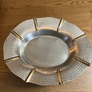 Vintage JM Hammered Solid Brass Footed Large Serving Bowl. Silver&gold colors.